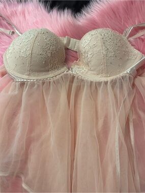 Vintage Y2K Fairycore whimsy Sheer Tulle Babydoll Nightdress in Blush Pink 34C